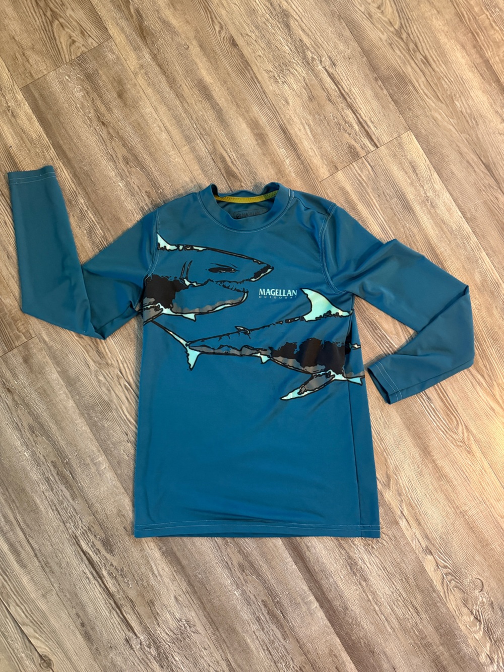 Magellan Outdoors Teal Long-Sleeve Kids Rashguard with Shark Graphic